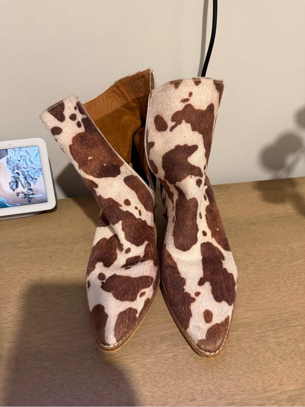 BEAST FASHION Brown and Cream Cow-Print Ankle Boots
